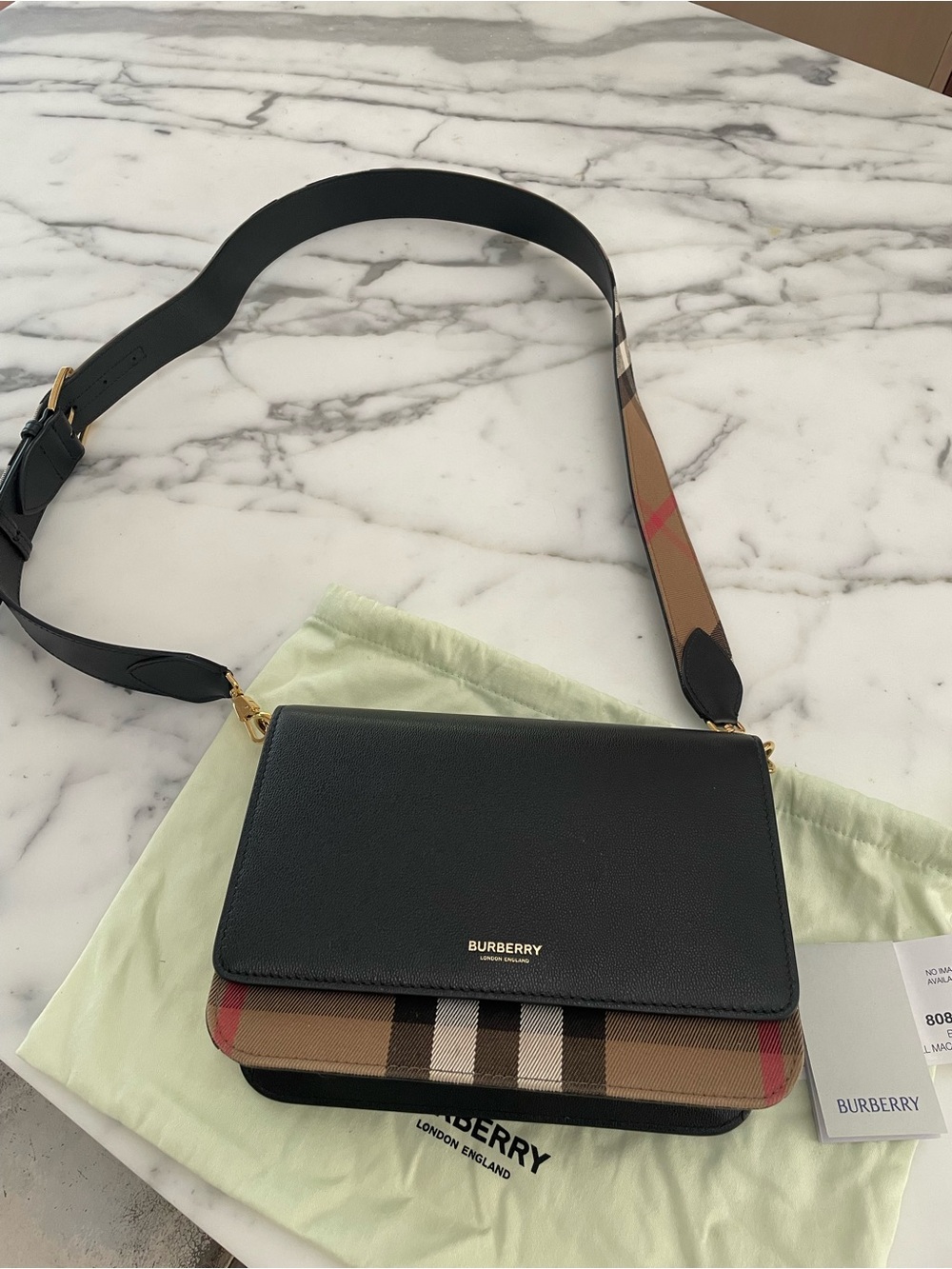 Burberry Black Leather Crossbody with Vintage Check Strap and Trim